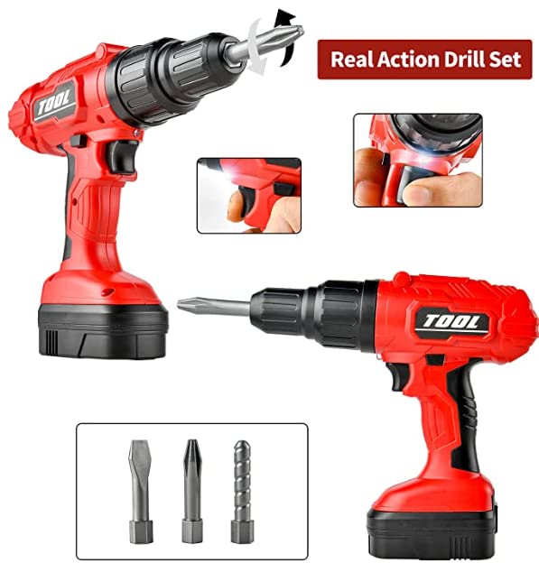 Misco Battery Operated Power Drill Toy with Sound, Light, and Adjustable Speed for Kids Ages 3+