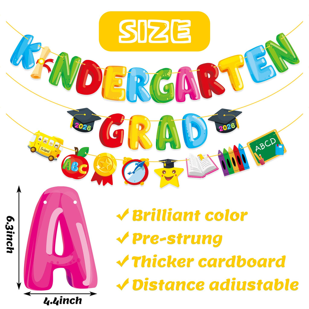 MISS FANTASY Kindergarten Graduation Banner Set - 3 Pre-Assembled Banners with 16ft Ribbon Each, No DIY Adjustable Decor for Classroom Party