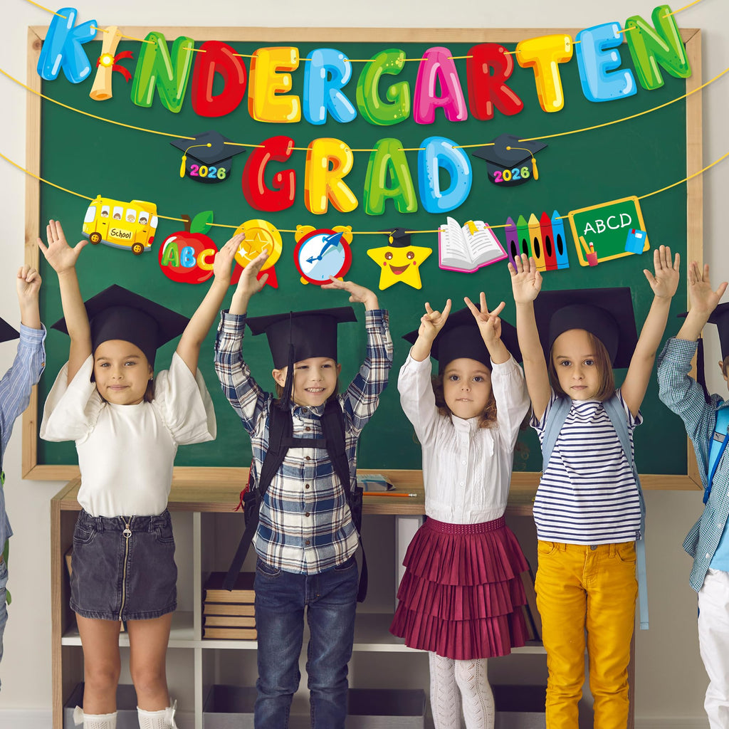 MISS FANTASY Kindergarten Graduation Banner Set - 3 Pre-Assembled Banners with 16ft Ribbon Each, No DIY Adjustable Decor for Classroom Party