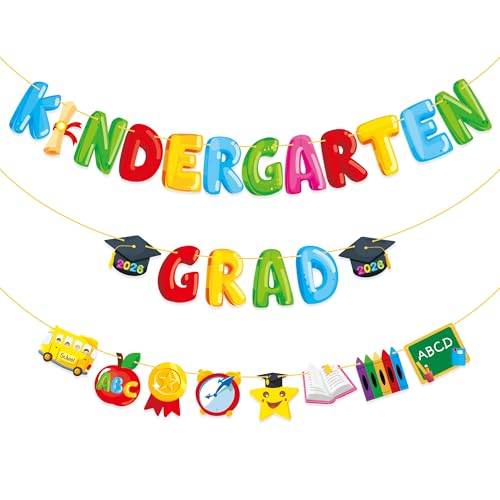 MISS FANTASY Kindergarten Graduation Banner Set - 3 Pre-Assembled Banners with 16ft Ribbon Each, No DIY Adjustable Decor for Classroom Party