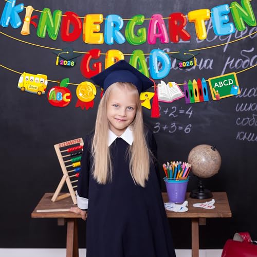 MISS FANTASY Kindergarten Graduation Banner Set - 3 Pre-Assembled Banners with 16ft Ribbon Each, No DIY Adjustable Decor for Classroom Party