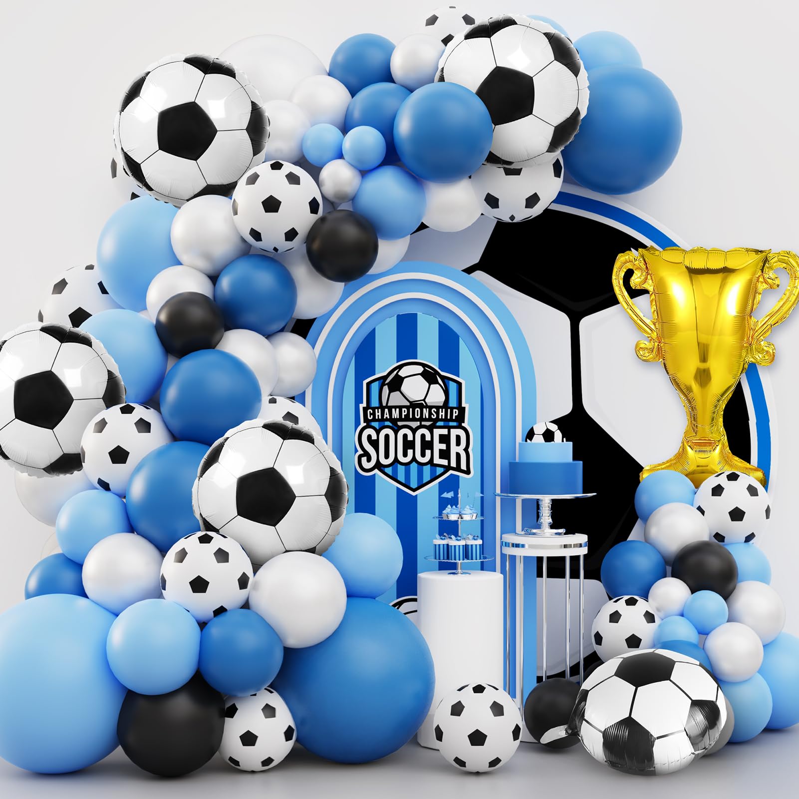 Miucat 103-Piece Soccer Balloon Arch Kit – Blue and White Football Party Set with Foil Balloons