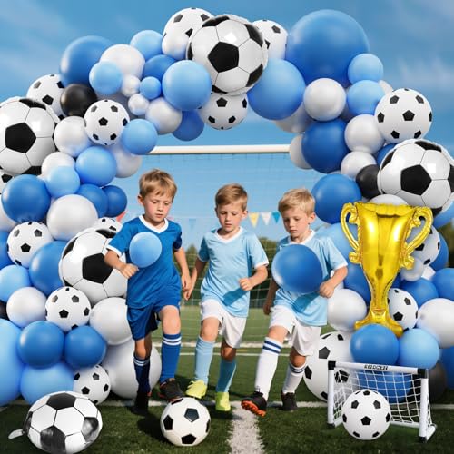 Miucat 103-Piece Soccer Balloon Arch Kit – Blue and White Football Party Set with Foil Balloons
