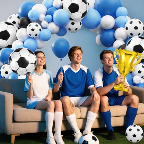 Miucat 103-Piece Soccer Balloon Arch Kit – Blue and White Football Party Set with Foil Balloons