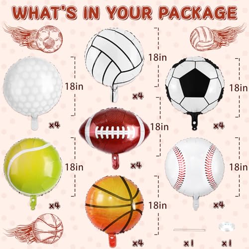 Miucat 28 Pieces Sports Foil Balloon Set - 18 Inch Mylar Balloons for Sports Themed Birthday Party