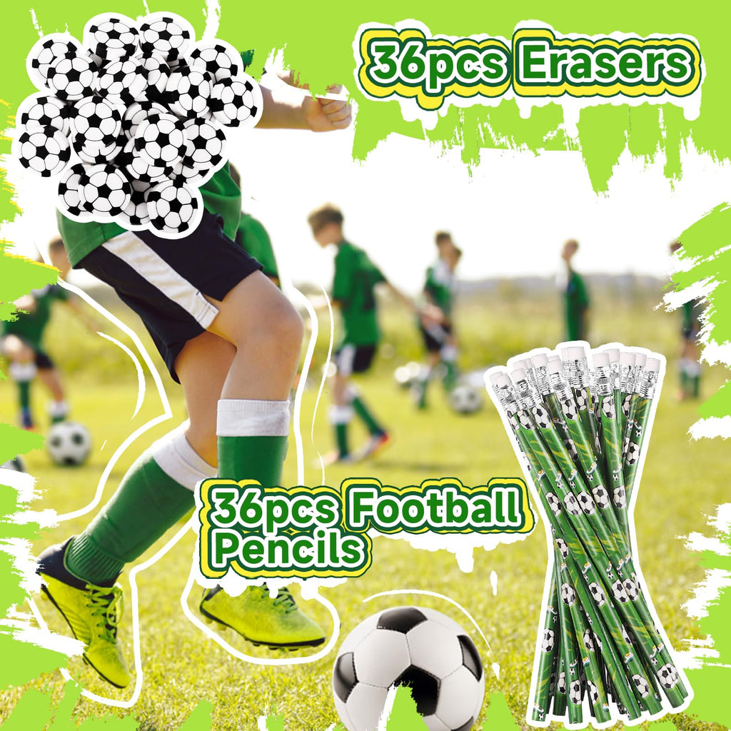 Miucat 72-Piece Soccer Pencil & Eraser Set – 36 Graphite Pencils and 36 Erasers for Kids, Party Favors, Classroom Rewards