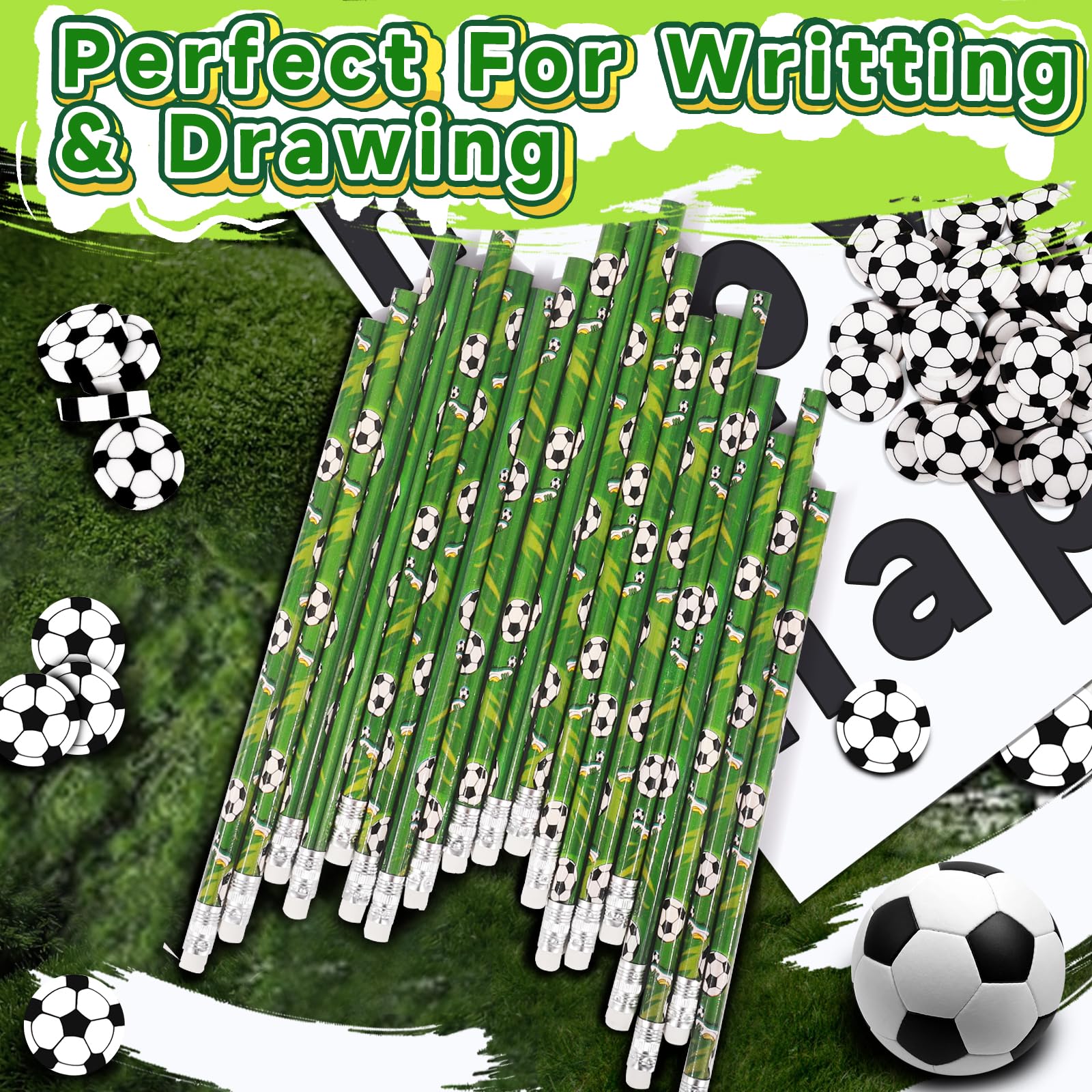 Miucat 72-Piece Soccer Pencil & Eraser Set – 36 Graphite Pencils and 36 Erasers for Kids, Party Favors, Classroom Rewards