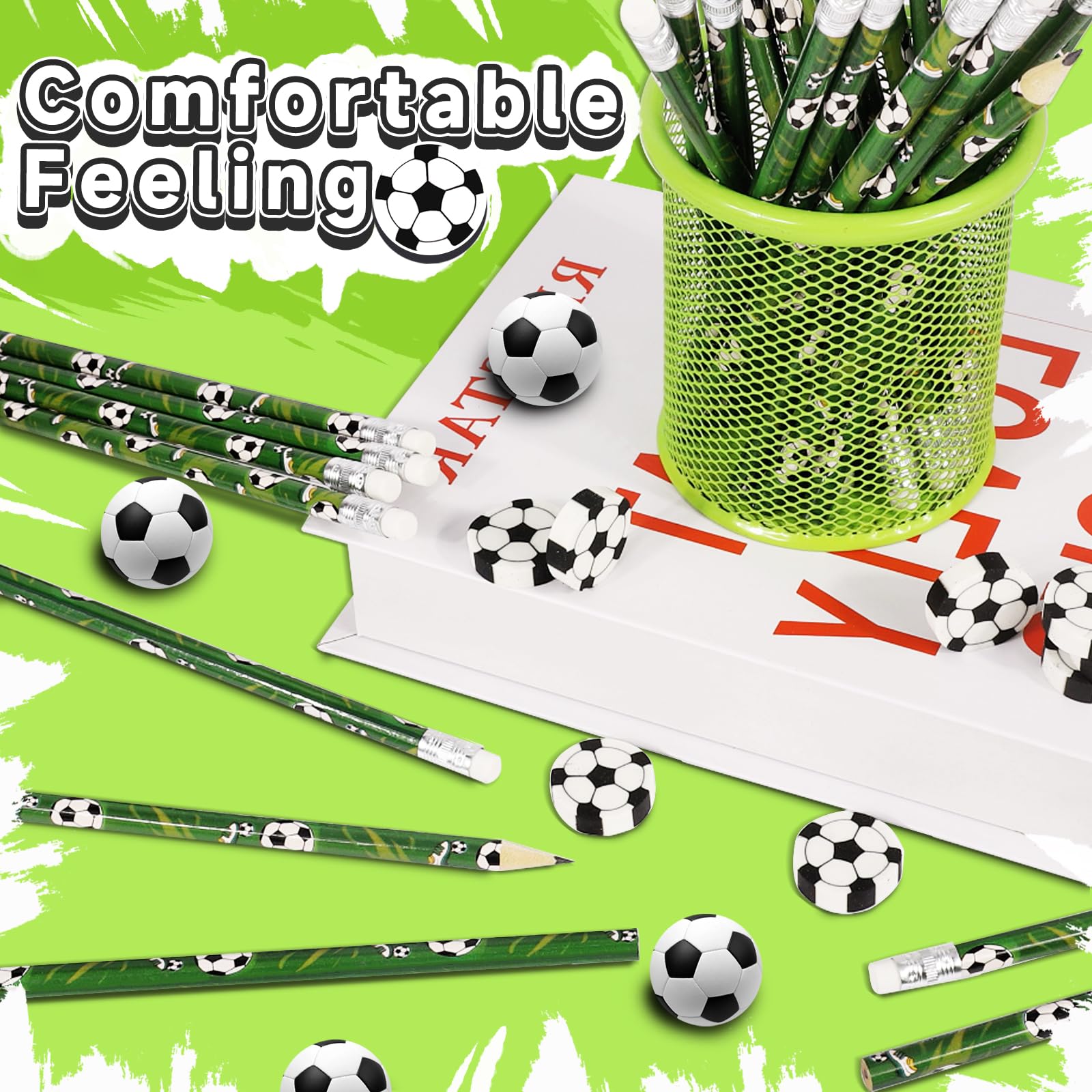 Miucat 72-Piece Soccer Pencil & Eraser Set – 36 Graphite Pencils and 36 Erasers for Kids, Party Favors, Classroom Rewards