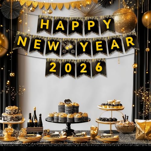 Miucat Happy New Year 2026 Banner – Black Gold Pre-Strung Cardstock Decoration 8x6 Inches