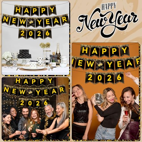 Miucat Happy New Year 2026 Banner – Black Gold Pre-Strung Cardstock Decoration 8x6 Inches