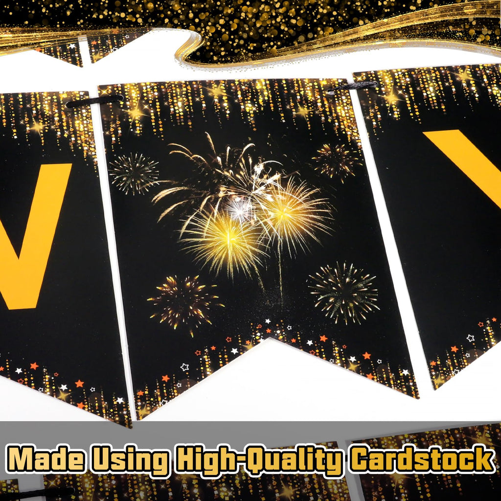 Miucat Happy New Year 2026 Banner – Black Gold Pre-Strung Cardstock Decoration 8x6 Inches