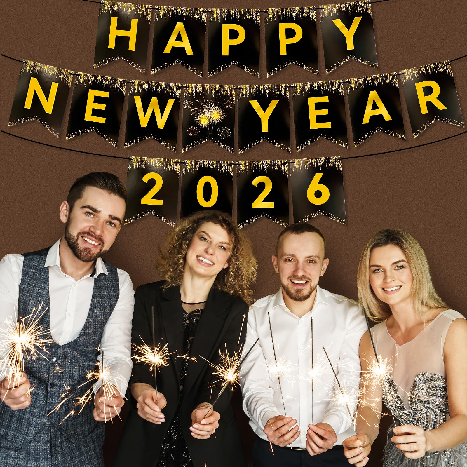 Miucat Happy New Year 2026 Banner – Black Gold Pre-Strung Cardstock Decoration 8x6 Inches