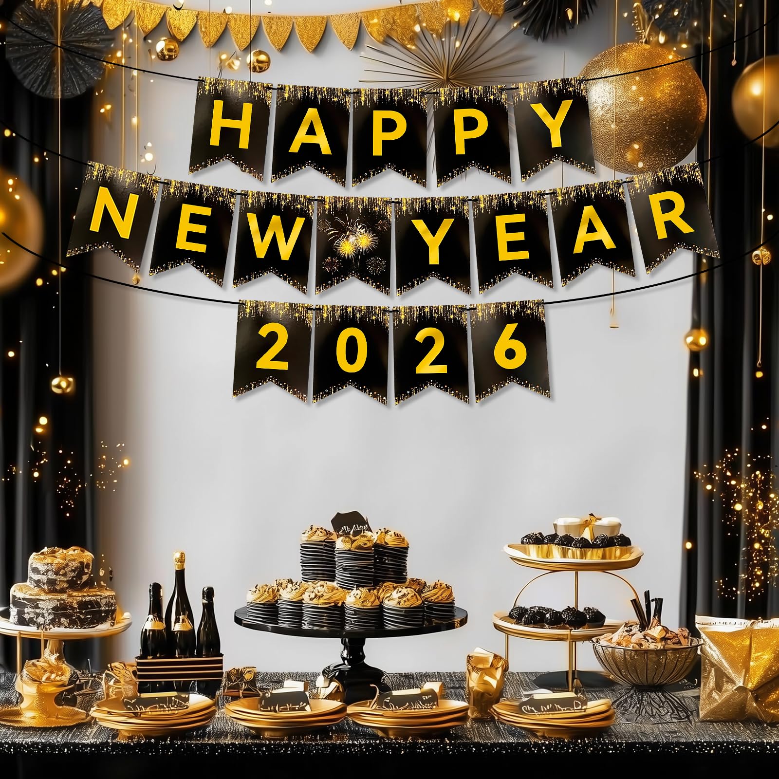 Miucat Happy New Year 2026 Banner – Black Gold Pre-Strung Cardstock Decoration 8x6 Inches