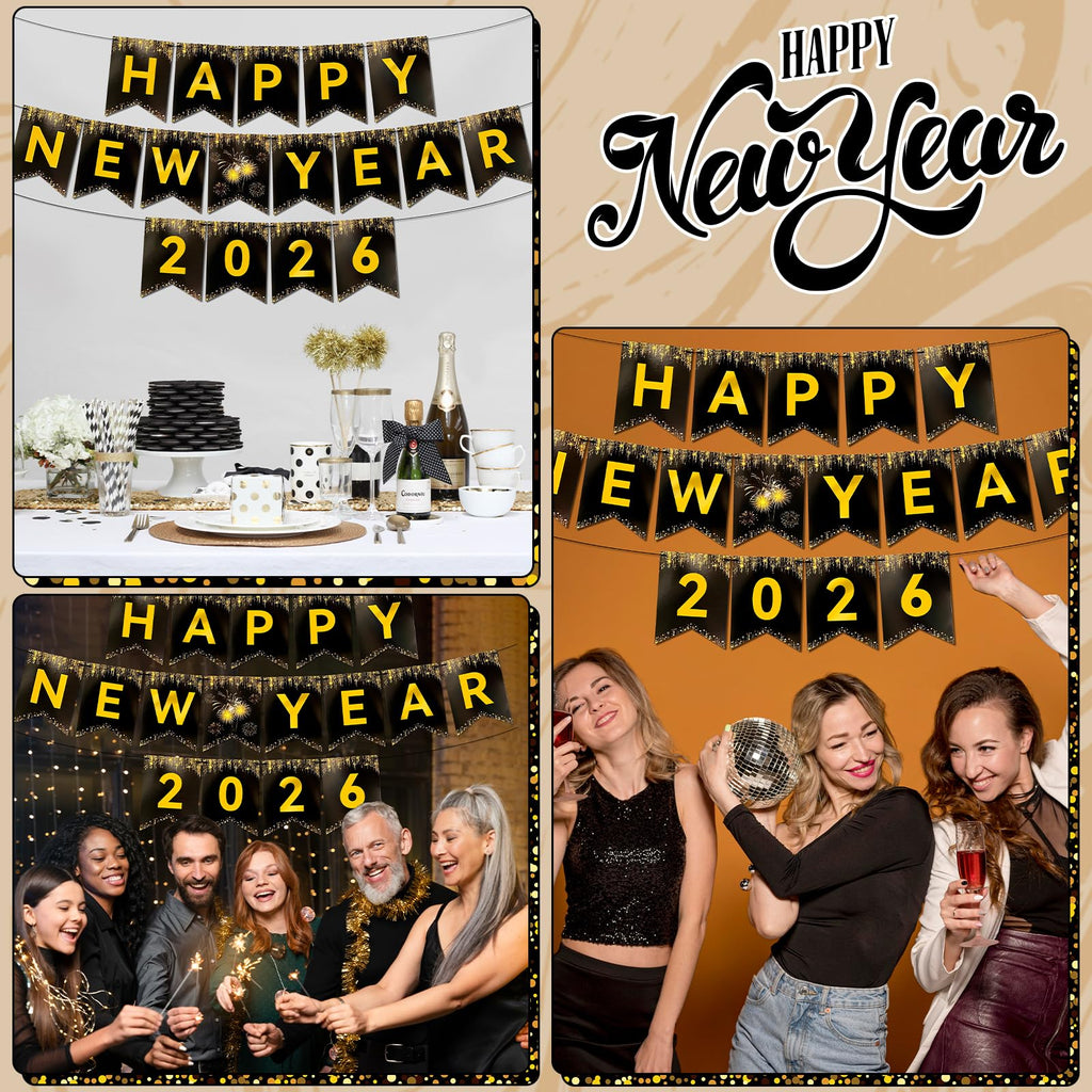 Miucat Happy New Year 2026 Banner – Black Gold Pre-Strung Cardstock Decoration 8x6 Inches