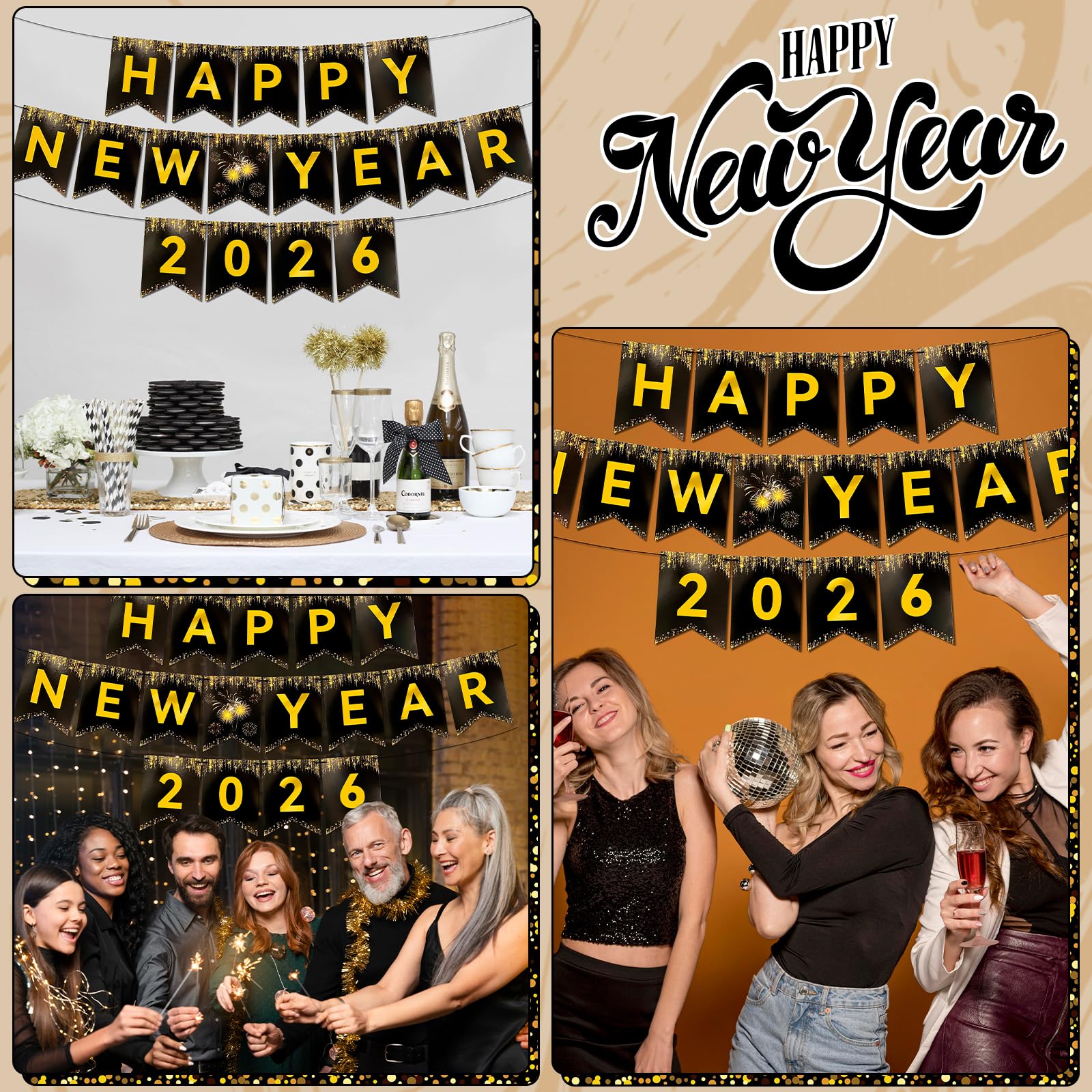 Miucat Happy New Year 2026 Banner – Black Gold Pre-Strung Cardstock Decoration 8x6 Inches