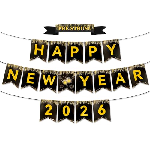 Miucat Happy New Year 2026 Banner – Black Gold Pre-Strung Cardstock Decoration 8x6 Inches
