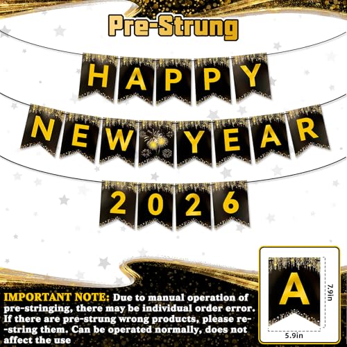 Miucat Happy New Year 2026 Banner – Black Gold Pre-Strung Cardstock Decoration 8x6 Inches