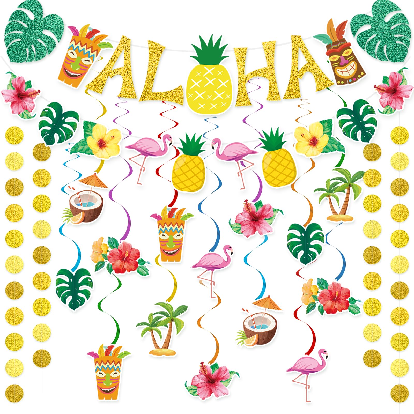 Miucat Pre-Strung Hawaiian Aloha Party Banner Set – 19-Piece Luau Decorations with Flamingo, Tiki, Gold Glitter