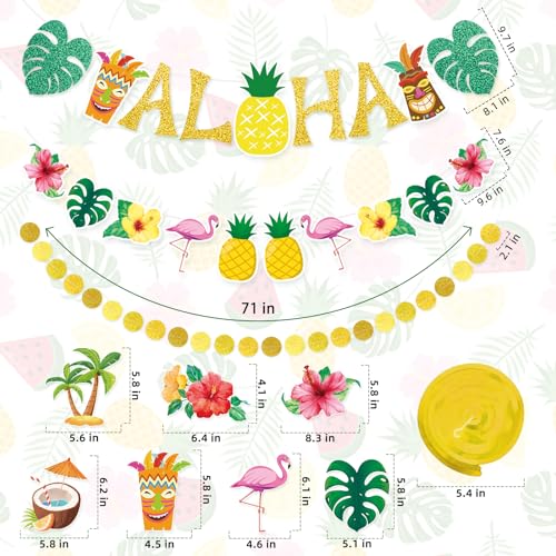 Miucat Pre-Strung Hawaiian Aloha Party Banner Set – 19-Piece Luau Decorations with Flamingo, Tiki, Gold Glitter
