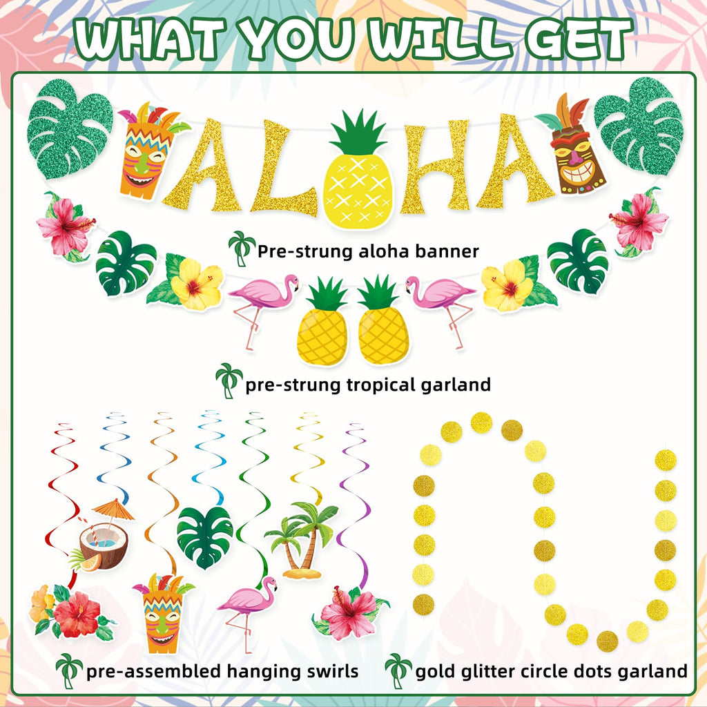 Miucat Pre-Strung Hawaiian Aloha Party Banner Set – 19-Piece Luau Decorations with Flamingo, Tiki, Gold Glitter