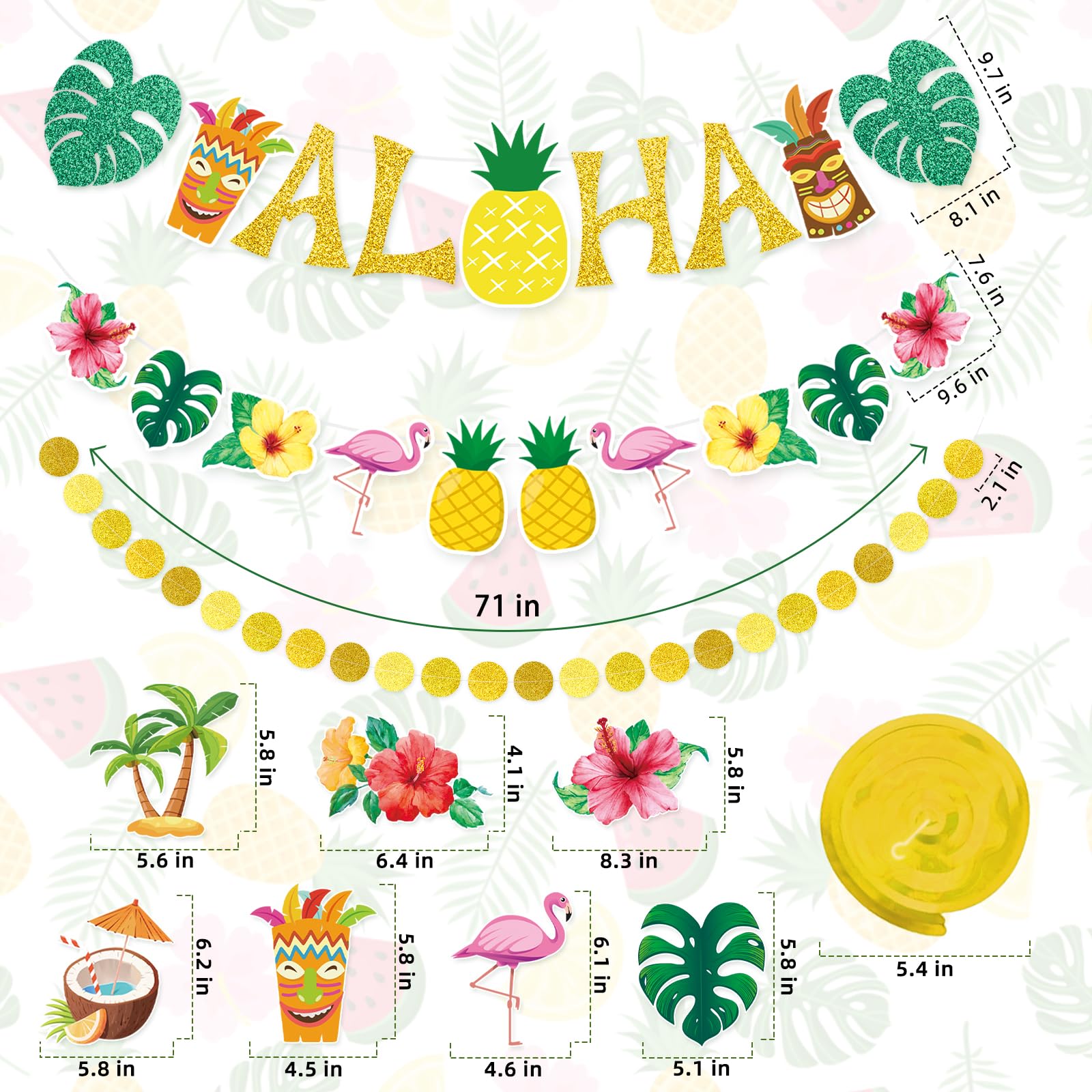Miucat Pre-Strung Hawaiian Aloha Party Banner Set – 19-Piece Luau Decorations with Flamingo, Tiki, Gold Glitter