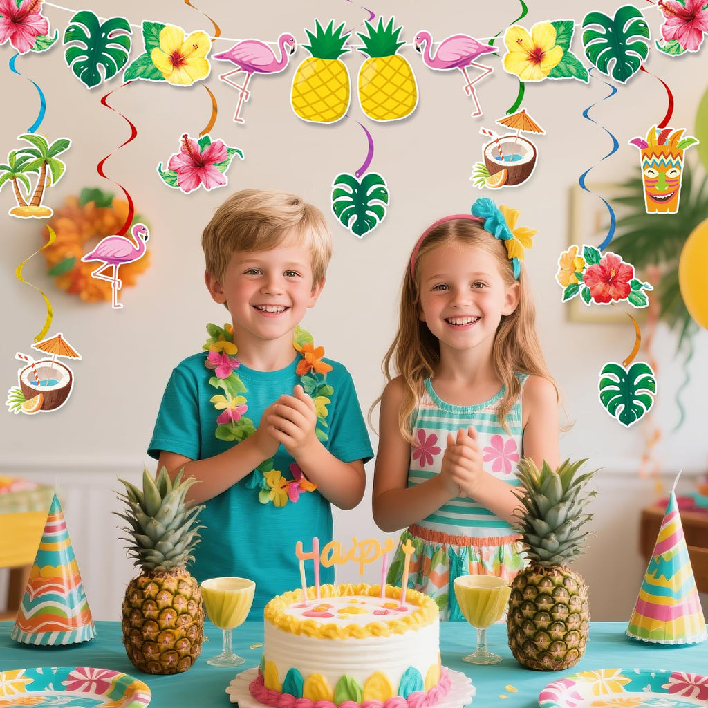 Miucat Pre-Strung Hawaiian Aloha Party Banner Set – 19-Piece Luau Decorations with Flamingo, Tiki, Gold Glitter