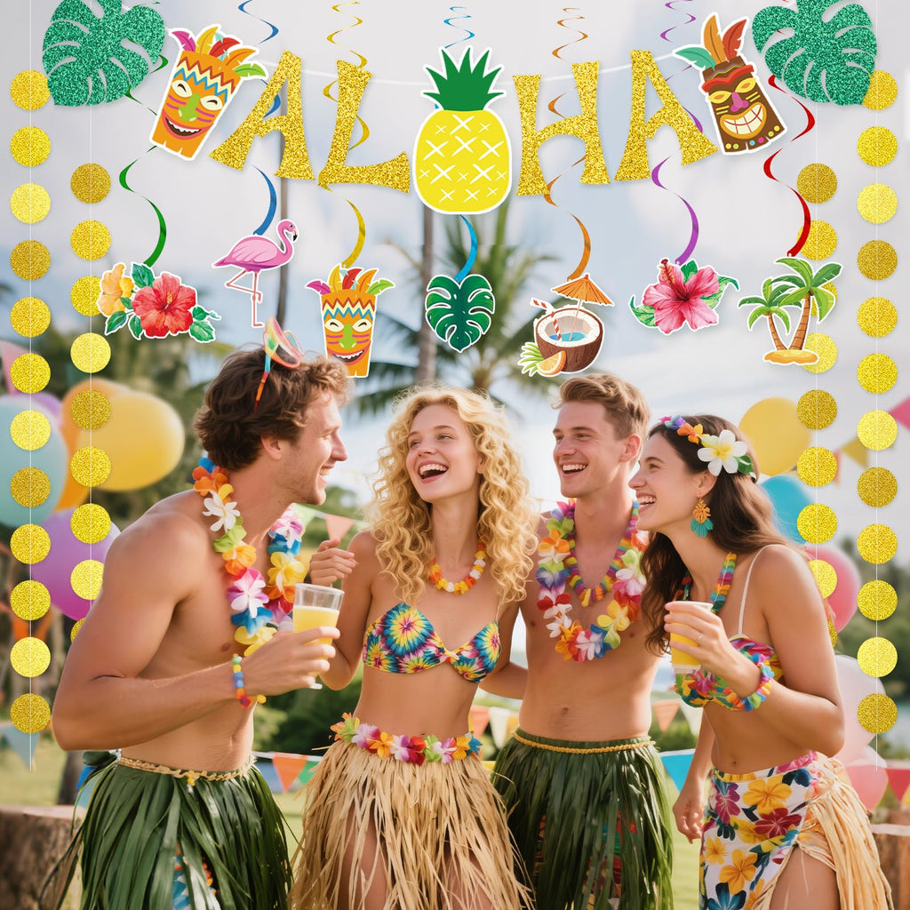 Miucat Pre-Strung Hawaiian Aloha Party Banner Set – 19-Piece Luau Decorations with Flamingo, Tiki, Gold Glitter