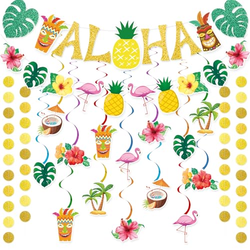 Miucat Pre-Strung Hawaiian Aloha Party Banner Set – 19-Piece Luau Decorations with Flamingo, Tiki, Gold Glitter