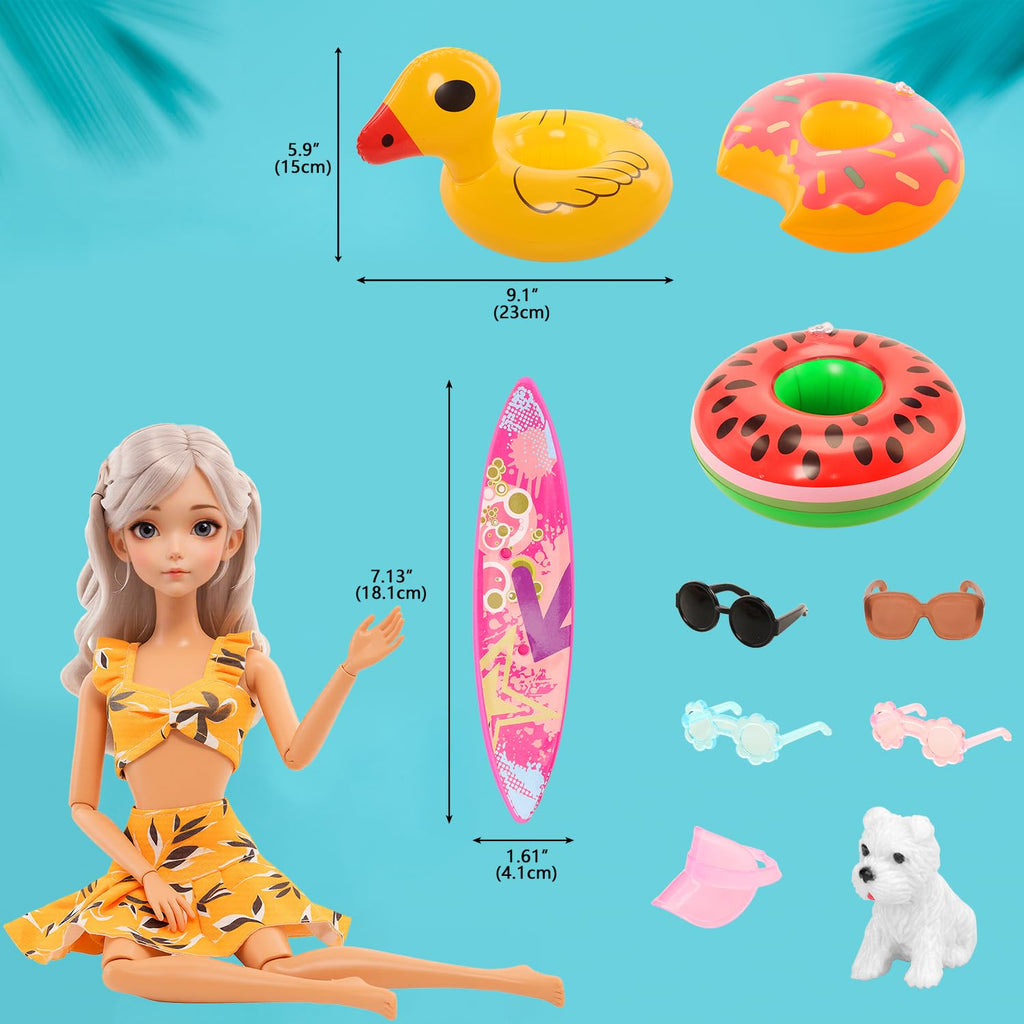 Miunana 12-Piece Doll Clothes & Accessories Set for 11.5-Inch Fashion Dolls – Swimsuits, Outfits, Skateboard, Lifebuoys & More