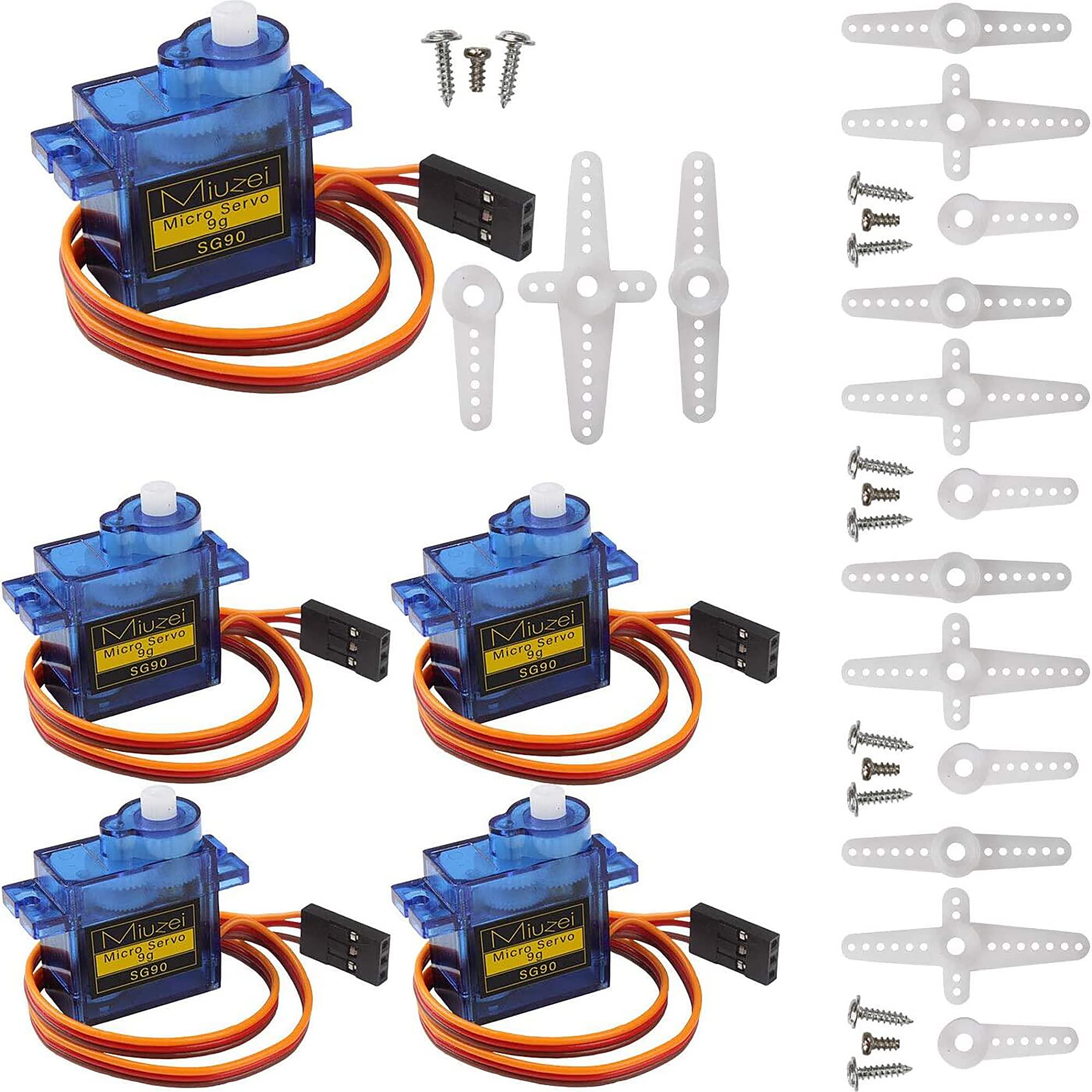 Miuzei SG90 9g Micro Servo Motors 5-Pack for RC Cars, Arduino, and Robotics Projects