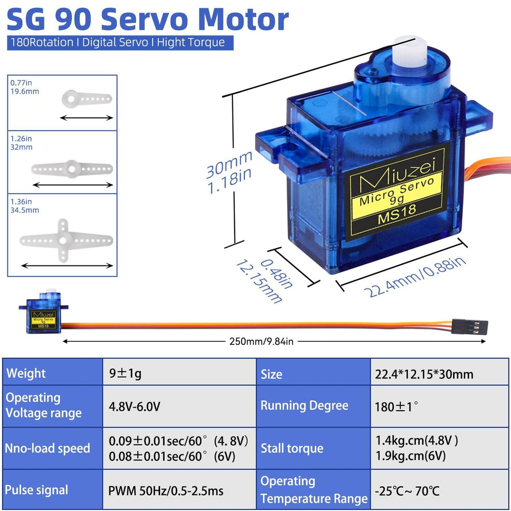 Miuzei SG90 9g Micro Servo Motors 5-Pack for RC Cars, Arduino, and Robotics Projects