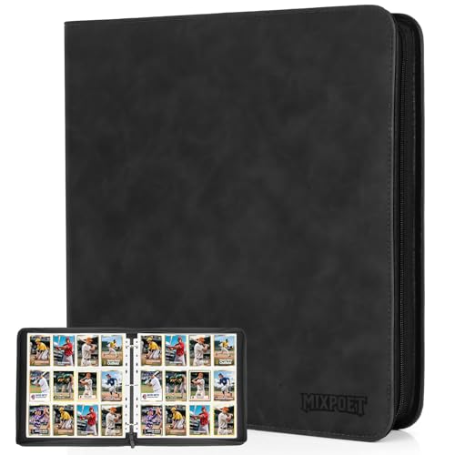MIXPOET 12-Pocket Trading Card Binder – Holds 960 Cards, Black PU Leather, Zipper Closure