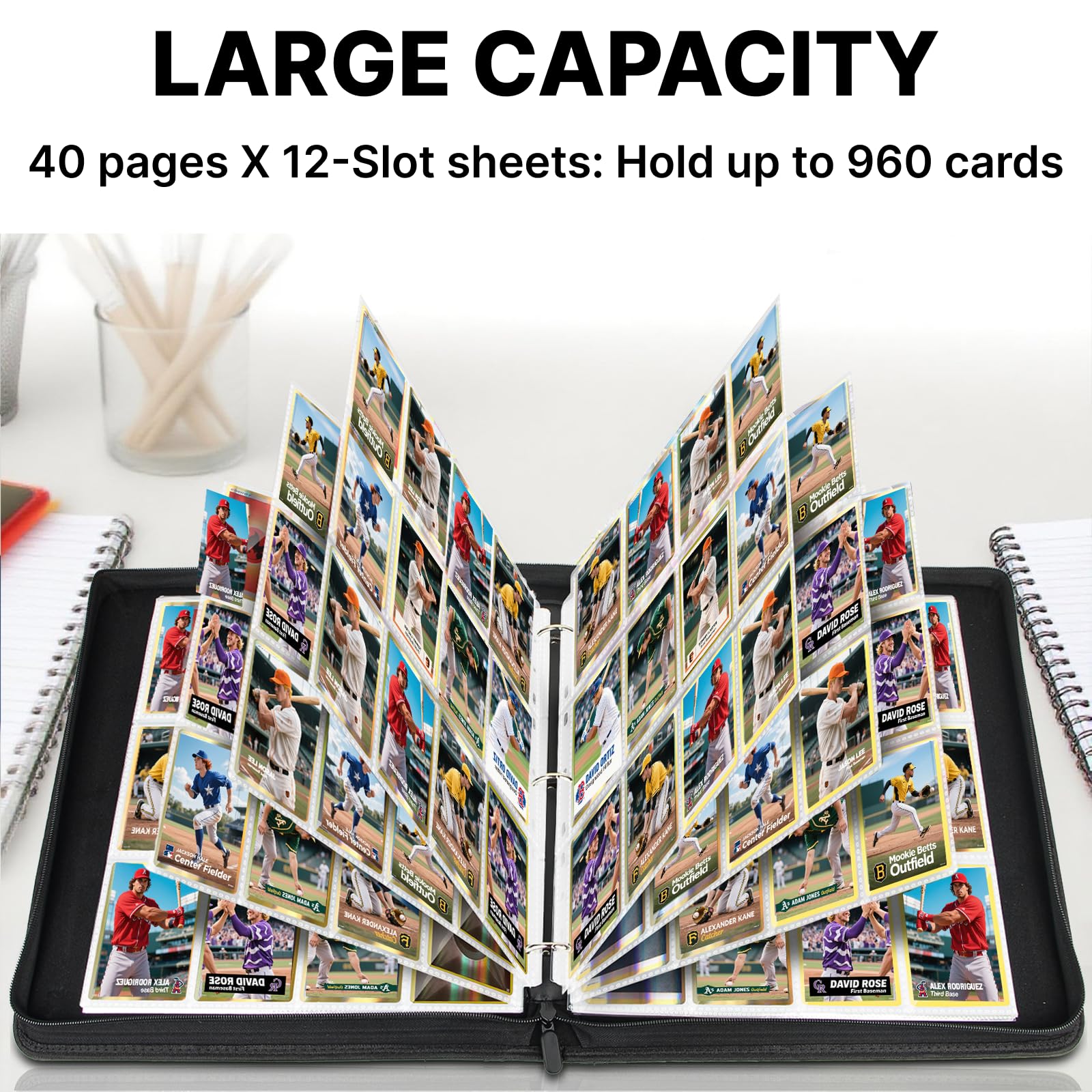 MIXPOET 12-Pocket Trading Card Binder – Holds 960 Cards, Black PU Leather, Zipper Closure