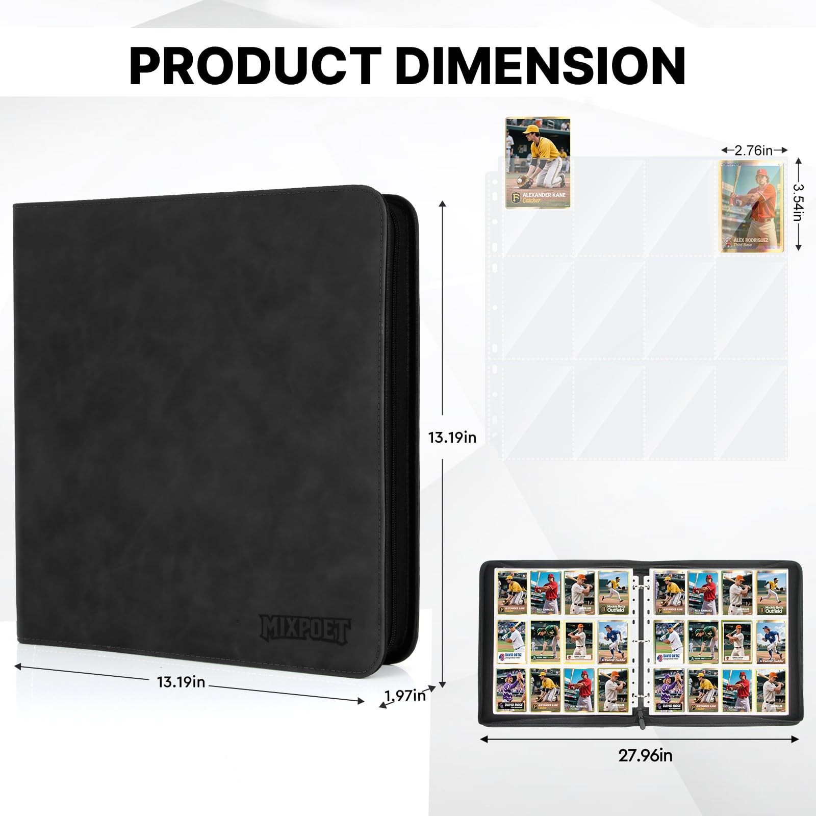 MIXPOET 12-Pocket Trading Card Binder – Holds 960 Cards, Black PU Leather, Zipper Closure