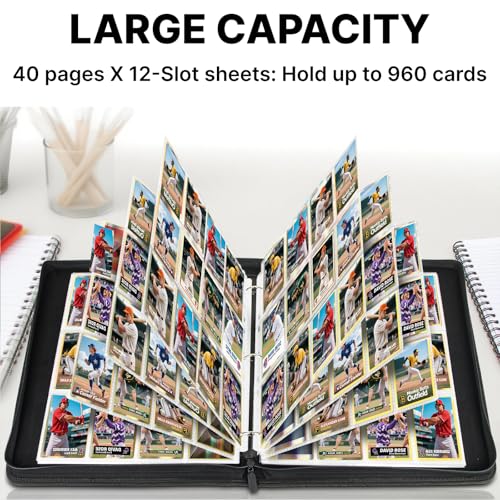 MIXPOET 12-Pocket Trading Card Binder – Holds 960 Cards, Black PU Leather, Zipper Closure
