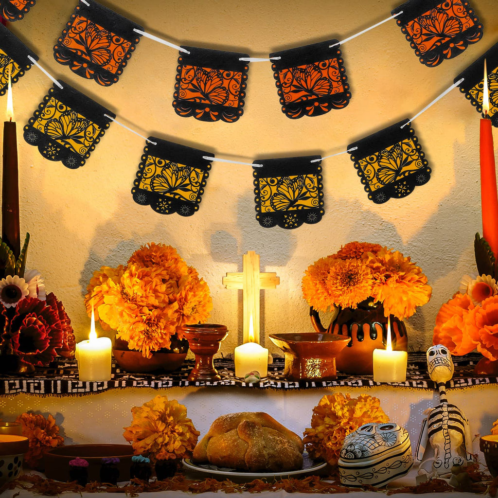 Mixweer Small Dia de los Muertos Monarch Butterfly Banner - 2 Pack, Orange and Yellow, 12 Pieces