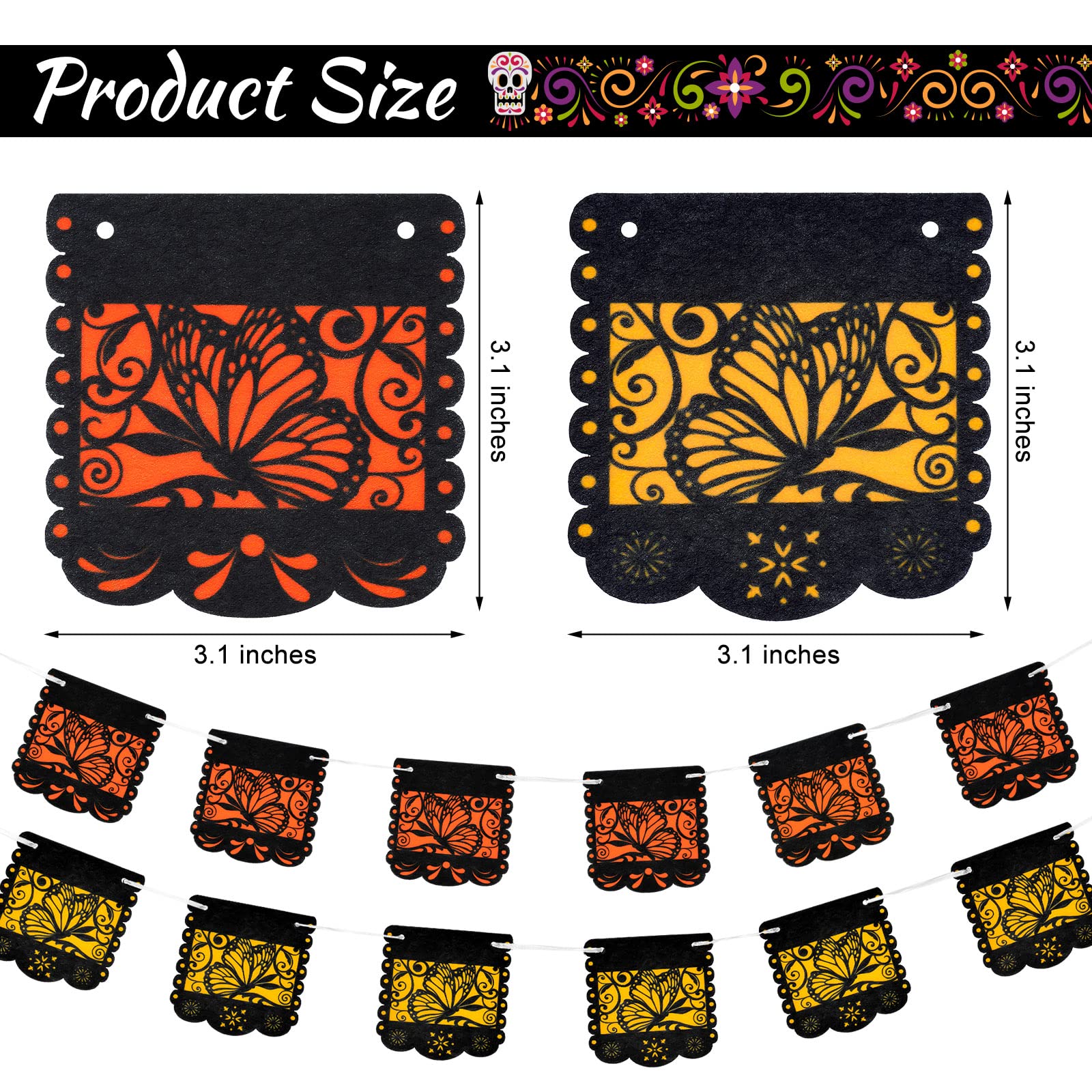 Mixweer Small Dia de los Muertos Monarch Butterfly Banner - 2 Pack, Orange and Yellow, 12 Pieces