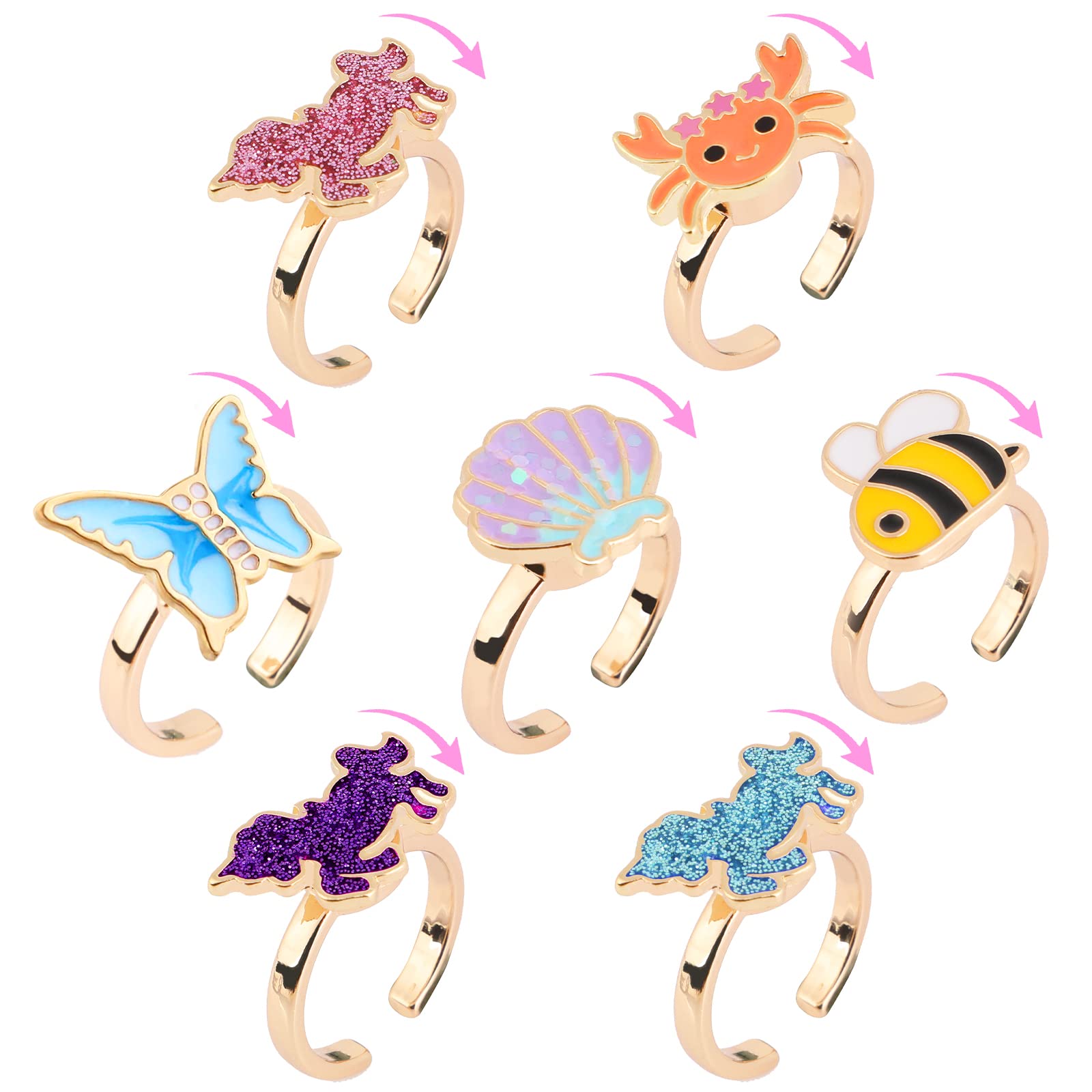 MJartoria 7-Piece Fidget Ring Set – Stainless Steel Spinner Rings for Stress Relief (Butterfly, Unicorn, Shell, Flower Designs)