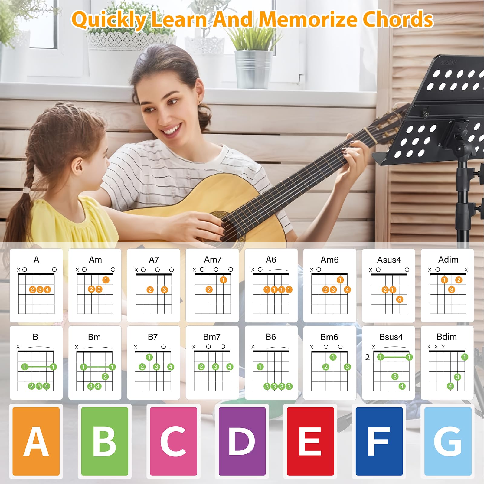 MLEJIAKJ 56-Piece Guitar Chord Flashcards with Chord Chart Poster – Color-Coded Learning for Beginners
