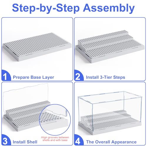 Mlikero Grey Acrylic Display Case for Minifigures - Holds 35, Removable Steps