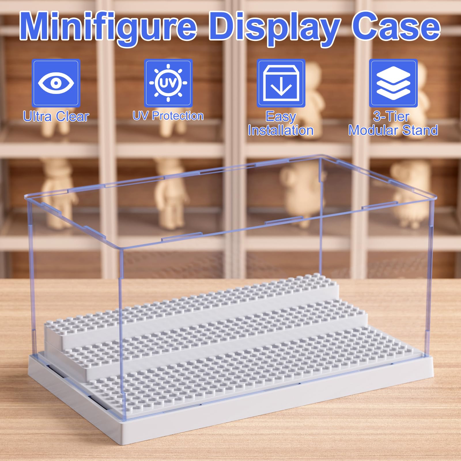Mlikero Grey Acrylic Display Case for Minifigures - Holds 35, Removable Steps