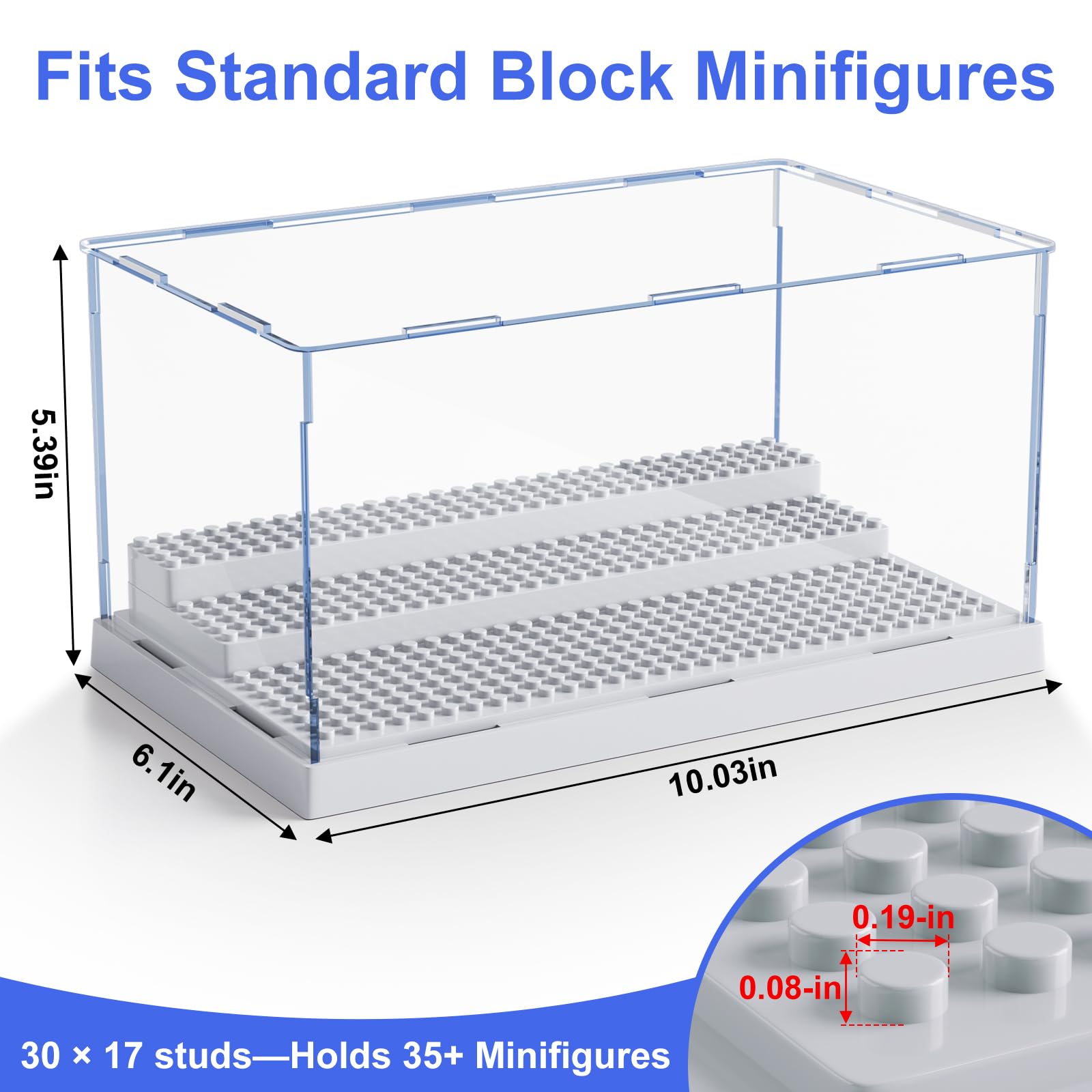 Mlikero Grey Acrylic Display Case for Minifigures - Holds 35, Removable Steps