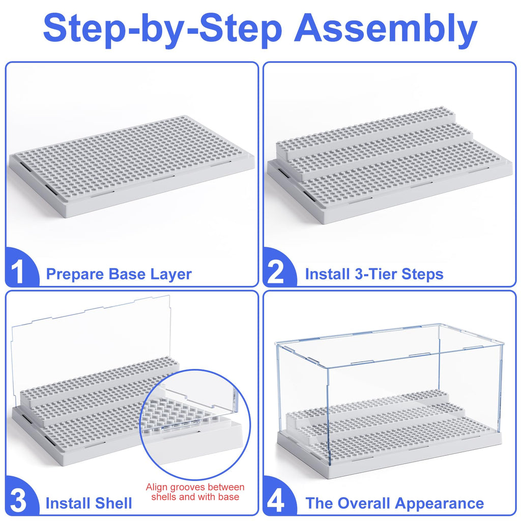 Mlikero Grey Acrylic Display Case for Minifigures - Holds 35, Removable Steps