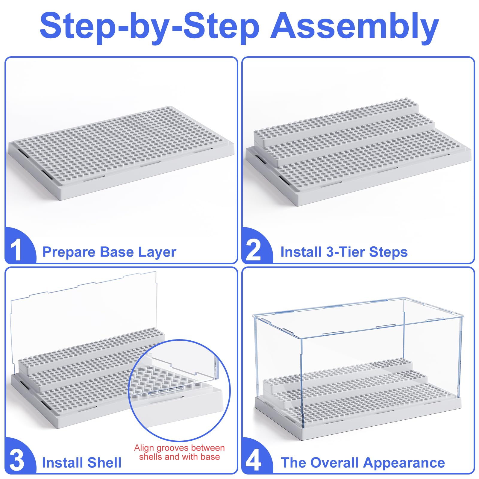 Mlikero Grey Acrylic Display Case for Minifigures - Holds 35, Removable Steps