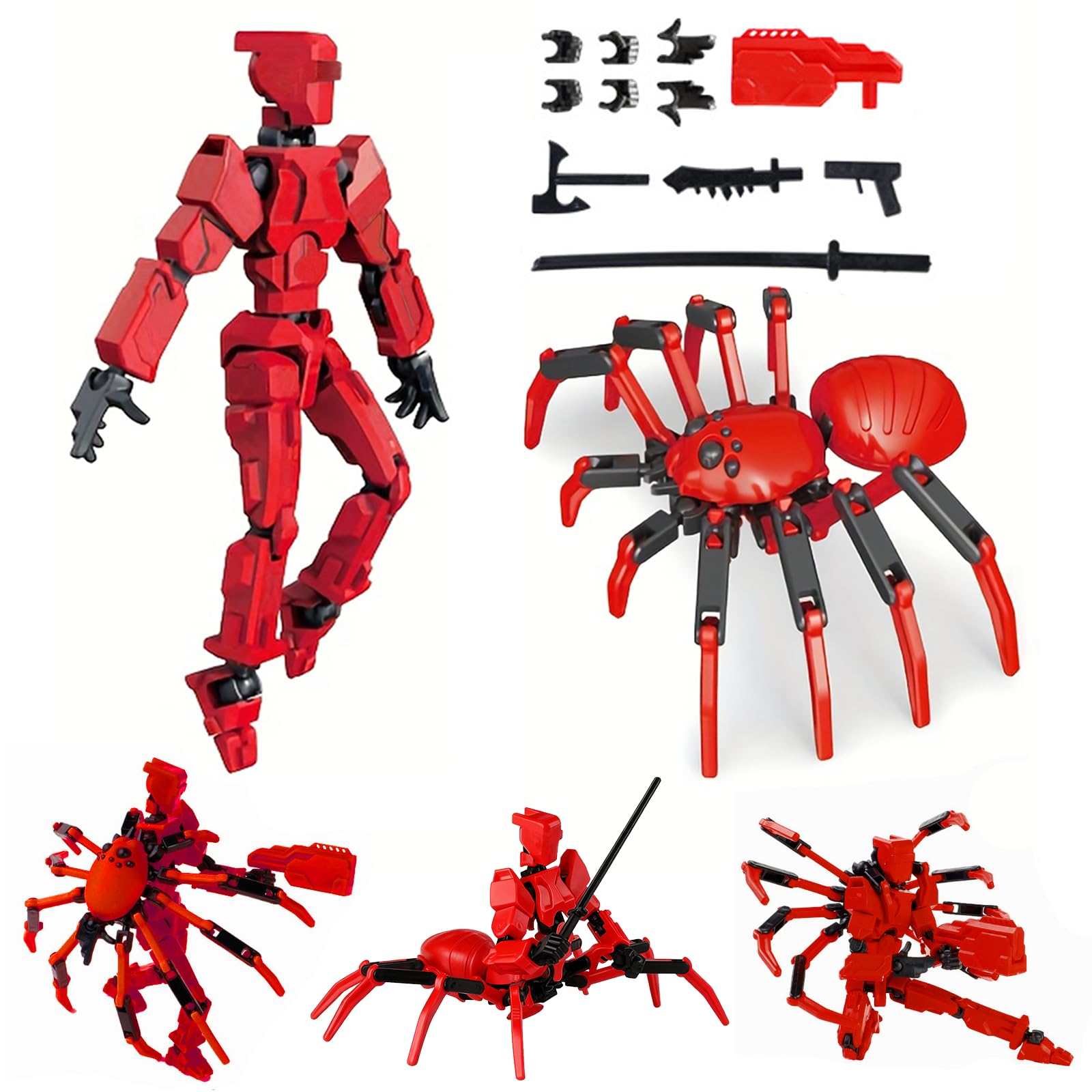 MMXBGS T13 Action Figure Set – 5.5-Inch Red Robot to Spider Mech with Multi-Jointed Articulation and Accessories for Kids Ages 8-12
