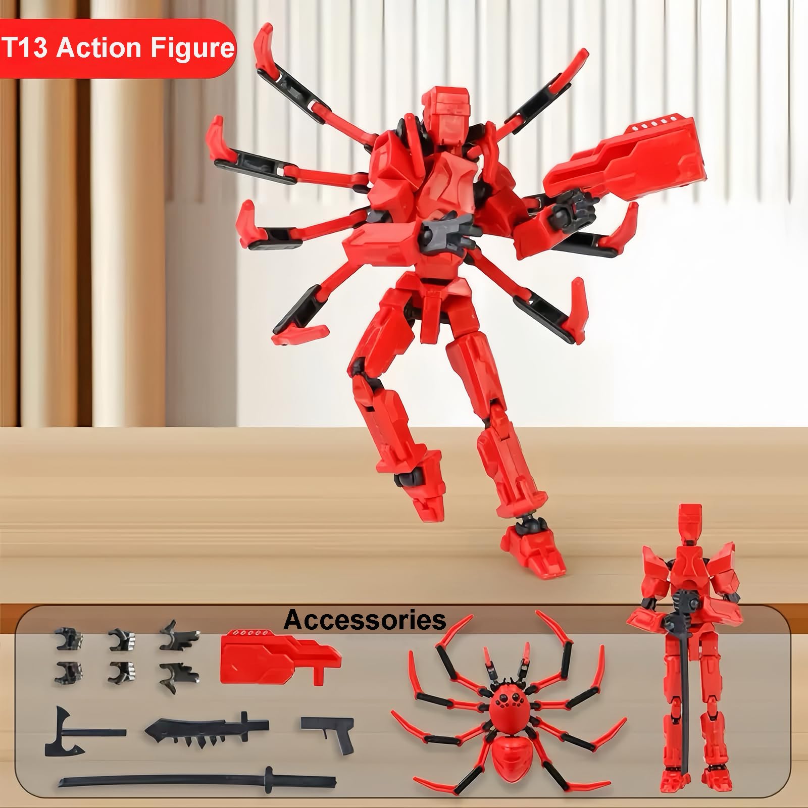 MMXBGS T13 Action Figure Set – 5.5-Inch Red Robot to Spider Mech with Multi-Jointed Articulation and Accessories for Kids Ages 8-12