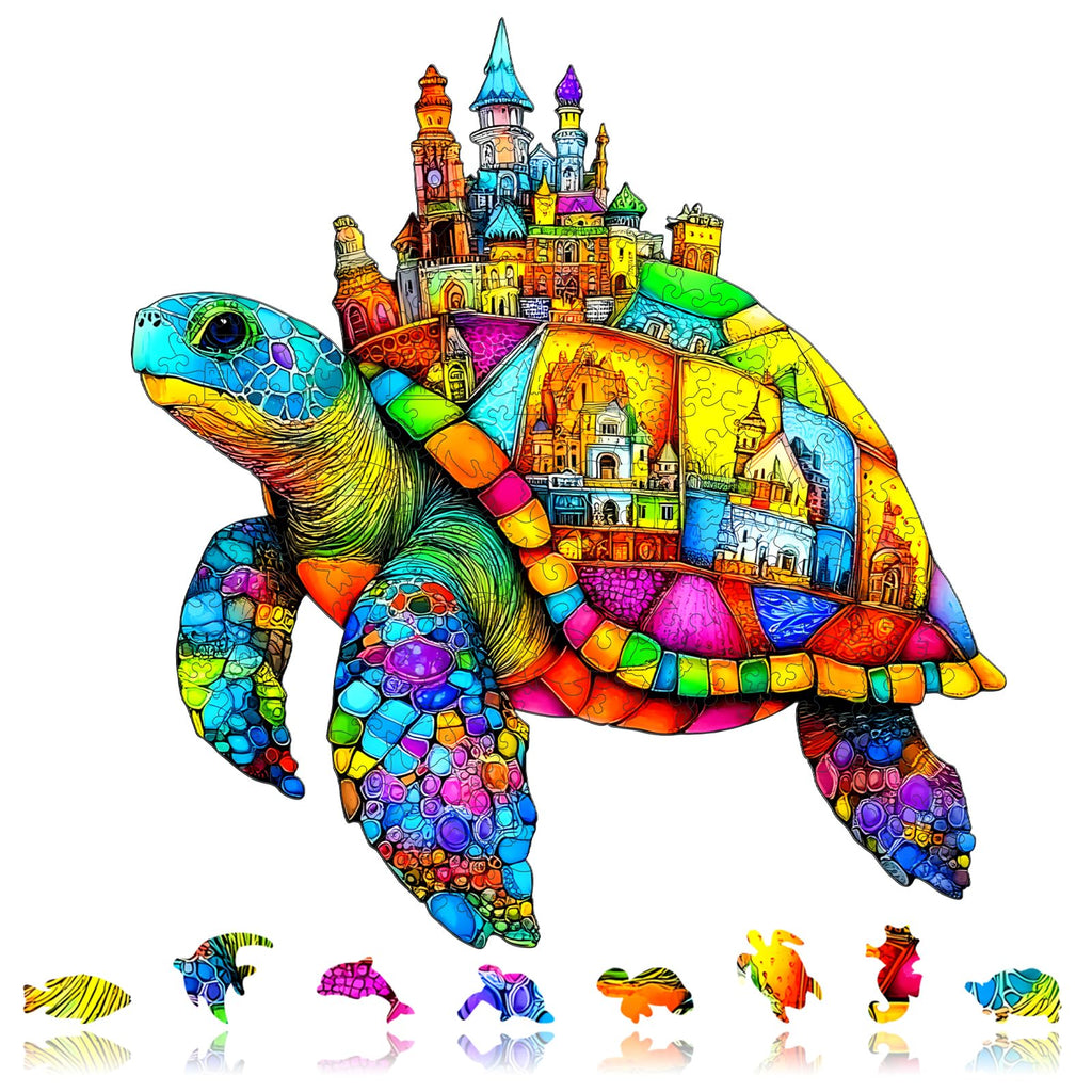 Mocfesk Wooden Puzzle: Sea Turtle Castle – Small Jigsaw for Adults, Seniors, Kids