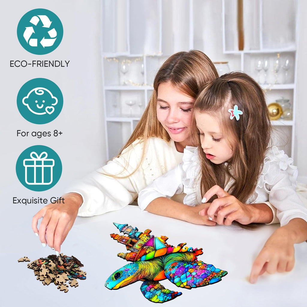 Mocfesk Wooden Puzzle: Sea Turtle Castle – Small Jigsaw for Adults, Seniors, Kids
