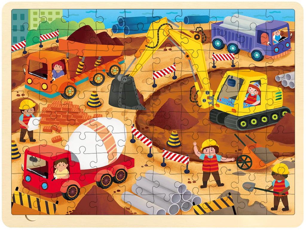 MoinKidz 100 Piece Wooden Jigsaw Puzzle for Kids Ages 4-8 – Construction Site with Unique Shaped Pieces and Sturdy Tray