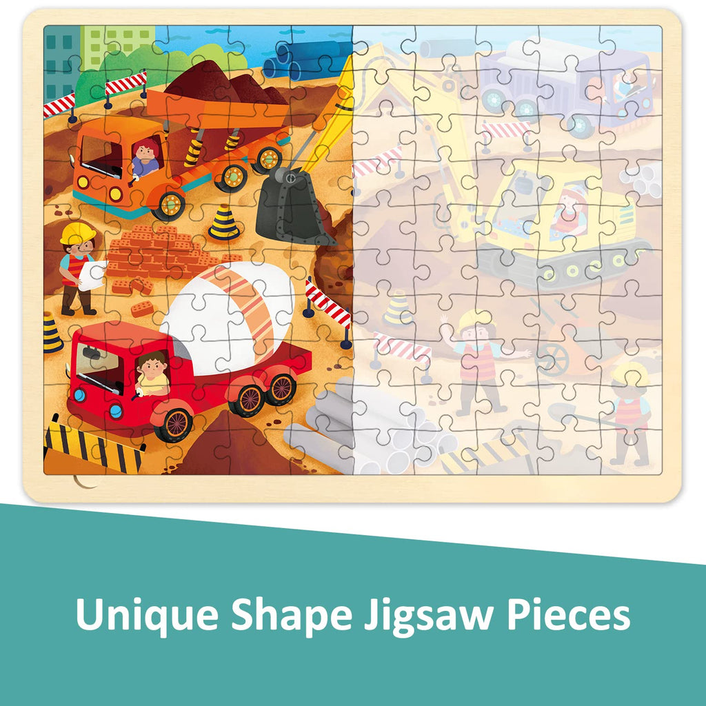 MoinKidz 100 Piece Wooden Jigsaw Puzzle for Kids Ages 4-8 – Construction Site with Unique Shaped Pieces and Sturdy Tray